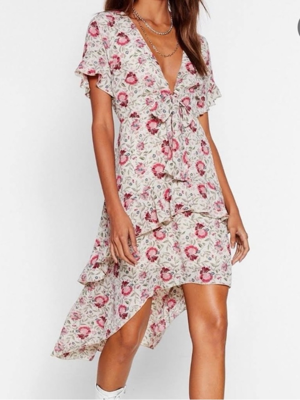 Nasty Gal Cream Floral High-Low Midi Dress with Pink Blooms